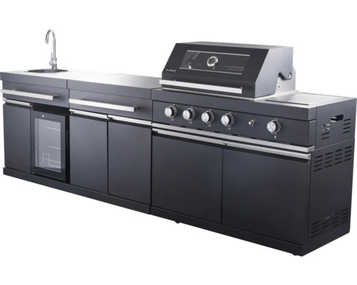 Cuisine d''extérieur avec évier, réfrigérateur et barbecue à gaz