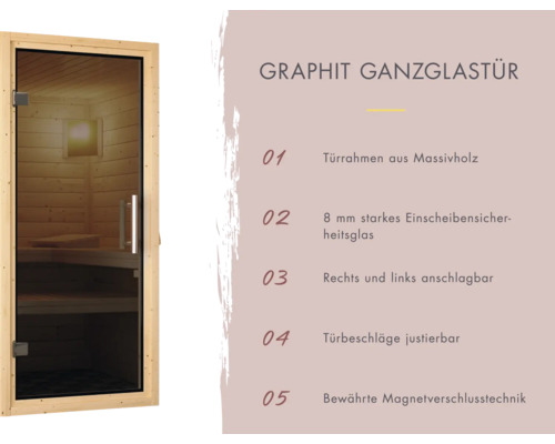 Graphit Ganzglastür mit Türrahmen aus Massivholz und Sicherheitsglas