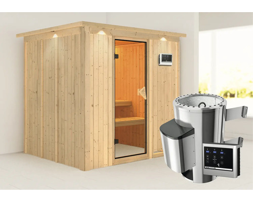 Holzsauna mit Glastür und Saunaofen mit Steuerung