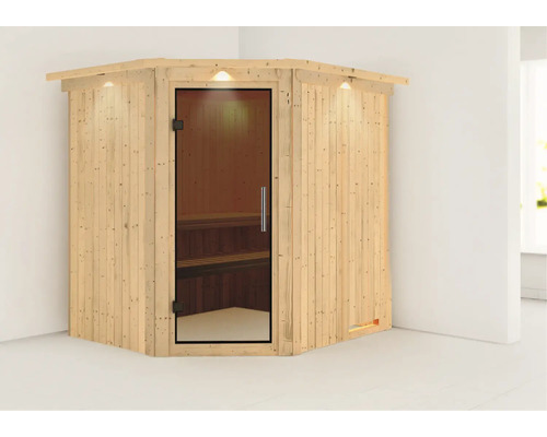 Sauna d''angle avec porte en verre et éclairage intérieur