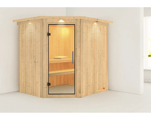 Sauna d''angle avec porte en verre et éclairage intérieur.
