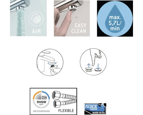 Caractéristiques du produit : air, nettoyage facile, maximum 5,7 litres par minute, label DVGWCERT, tuyaux flexibles, fabriqué dans l’UE