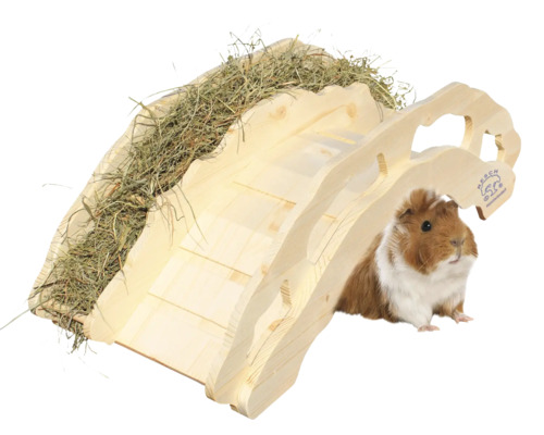 Holzhaus mit Heu und Meerschweinchen