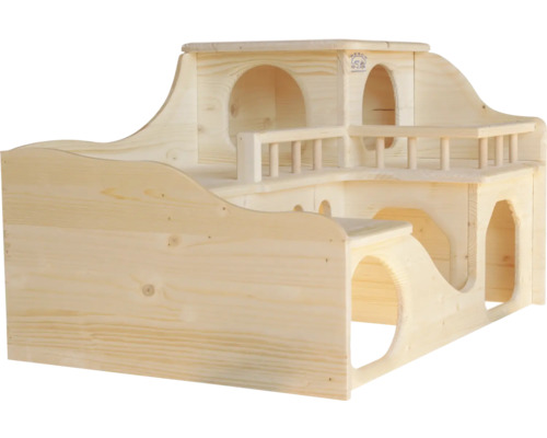 Maison en bois pour petits animaux avec plusieurs niveaux et ouvertures