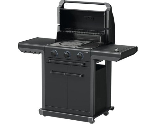 Schwarzer Gasgrill mit drei Brennern, Seitentischen und Unterschrank.
