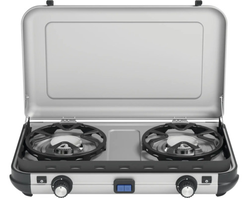 Réchaud à gaz portable avec deux brûleurs et couvercle