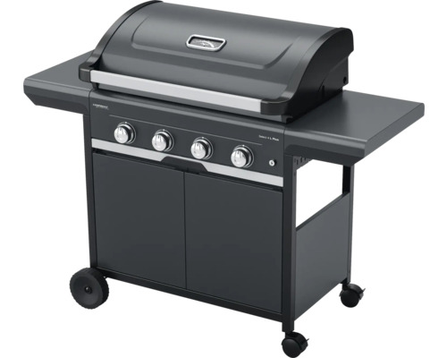 Gasgrill mit vier Brennern, Ablageflächen und Unterschrank auf Rädern.