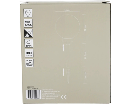 Emballage d''une lampe de jardin avec détails du produit et informations techniques.