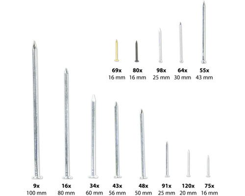 Différentes tailles de clous en fil métallique