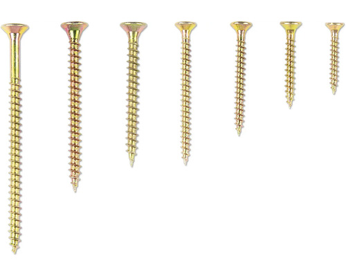 Sortiment an gelben Holzschrauben in verschiedenen Größen