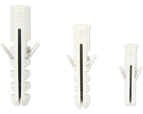 Drei Kunststoffspreizdübel der Größen 10, 8 und 6