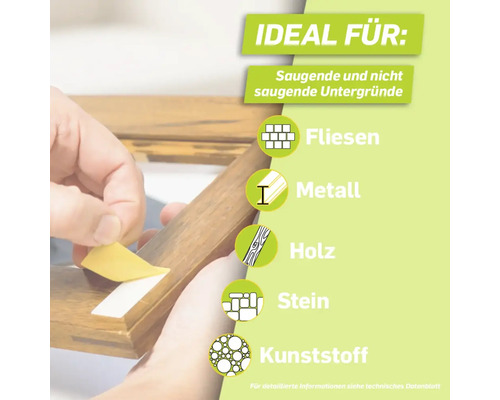 Geeignet für saugende und nichtsaugende Untergründe wie Fliesen, Metall, Holz, Stein, Kunststoff