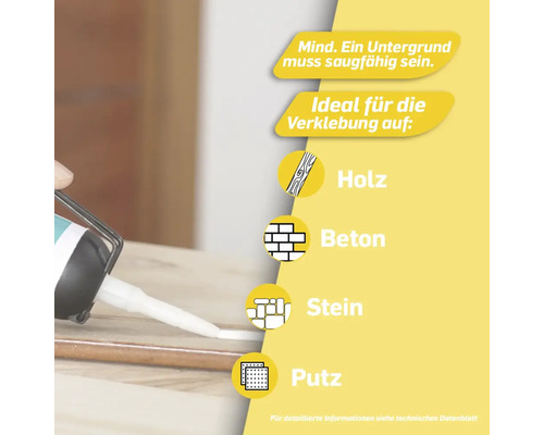 Anwendungshinweis für Klebstoff: Geeignet für Holz, Beton, Stein und Putz