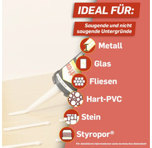 Anwendungsbereiche für Dichtstoffe: Metall, Glas, Fliesen, Hart-PVC, Stein und Styropor