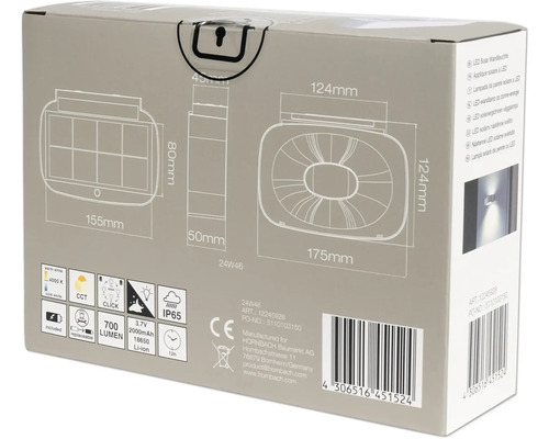 Verpackung einer LED Solar Wandleuchte mit technischen Details und Maßen