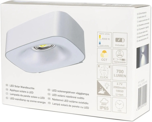 Verpackung einer LED Solar Wandleuchte mit technischen Details