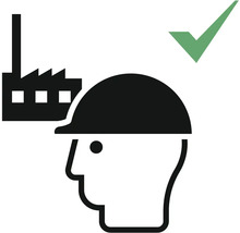 Symbol für Arbeitssicherheit mit Fabrik, Schutzhelm und Häkchen