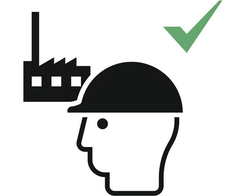 Symbol für Arbeitssicherheit mit Fabrik, Schutzhelm und Häkchen