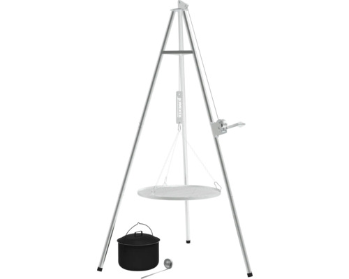 Gril pivotant avec trépied, grille de cuisson, marmite et louche
