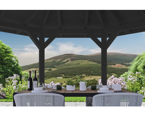 Scène avec tonnelle de jardin, table à manger, chaises, vaisselle et paysage