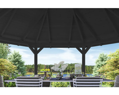 Innenansicht eines Pavillons mit gedecktem Tisch im Garten