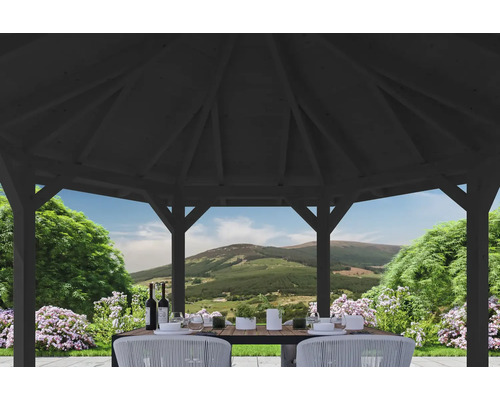 Gartenszene mit Pavillon, Tisch und Stühlen