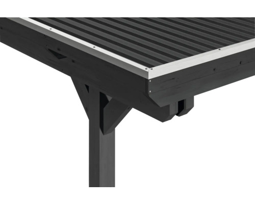 Detailansicht eines Pavillons mit Holzbalken und Metalldach