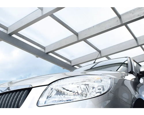Une voiture est garée sous un carport avec un toit transparent.