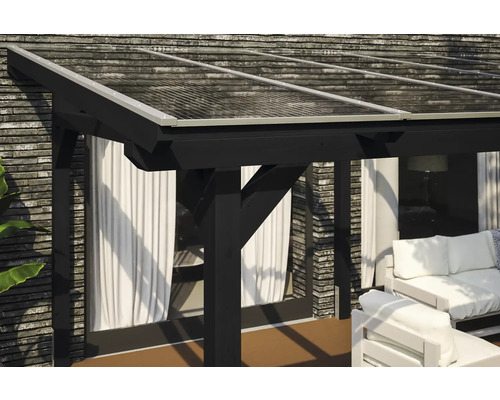 Auvent de terrasse avec toit transparent et cadre noir