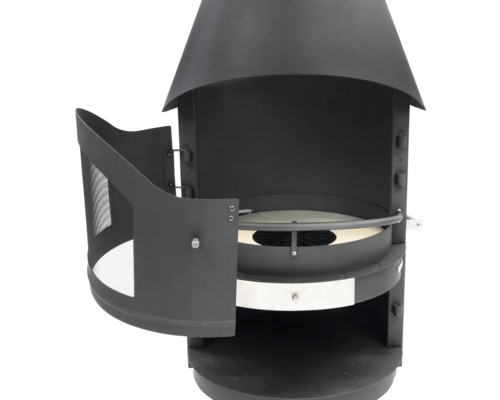 Cheminée de jardin noire avec grille ouverte