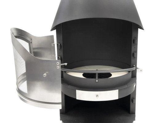 Cheminée barbecue de jardin avec porte ouverte et grille de protection