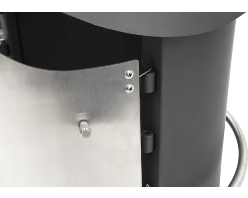 Vue détaillée d''un barbecue avec porte en acier inoxydable et charnières