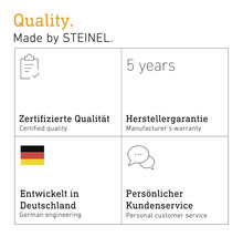 Caractéristiques de qualité Steinel: Qualité certifiée, garantie fabricant de cinq ans, ingénierie allemande, service clientèle personnalisé