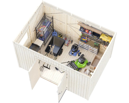 Intérieur d''un abri de jardin avec outils de jardinage, outils et étagères