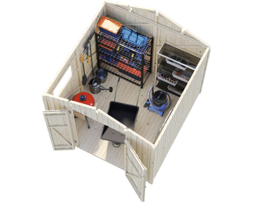 Innenansicht eines Gartenschuppens aus Holz mit Regalen und Gartengeräten