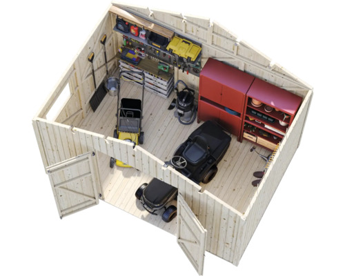 Holzgartenhaus mit Rasenmähern, Schränken und Werkzeugen