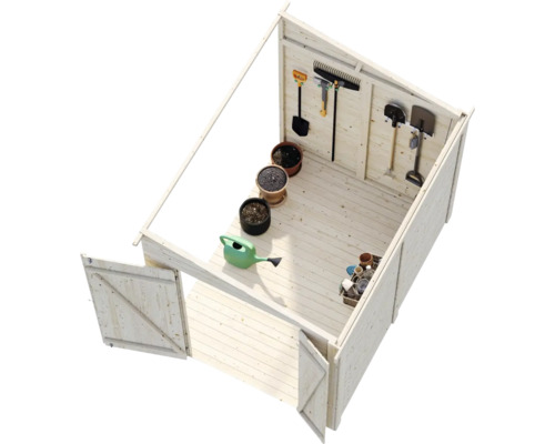 Abri de jardin avec outils de jardin, arrosoir et pots de fleurs vus d''en haut