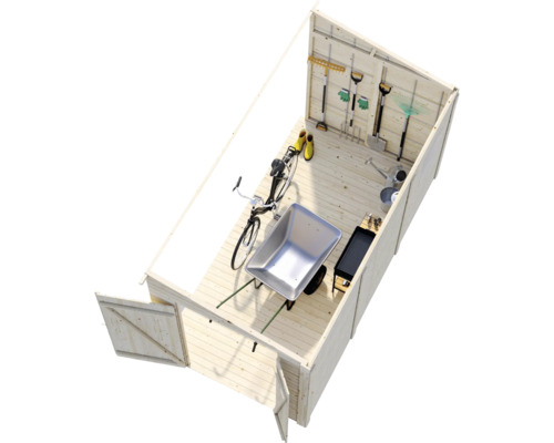 Intérieur d''abri de jardin avec outils de jardin, vélo et brouette