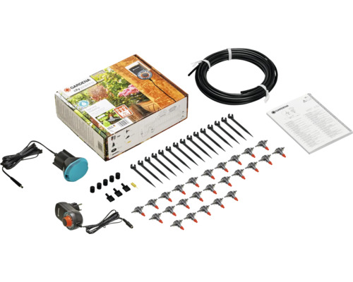 Kit d''arrosage de vacances Gardena City Gardening avec pompe d''arrosage, transformateur, tuyau, goutteurs et fixations