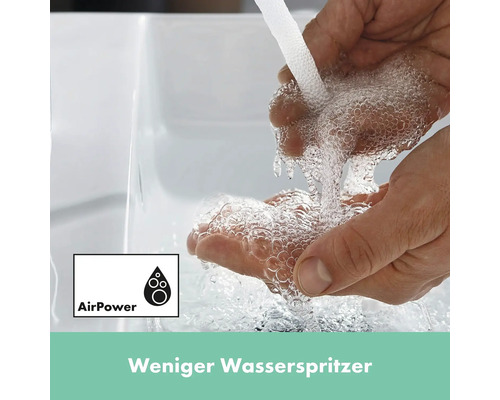 Person hält Wasserstrahl in den Händen über einem Waschbecken, AirPower Symbol