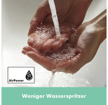 Hände halten Wasserstrahl mit AirPower Symbol für weniger Wasserspritzer.
