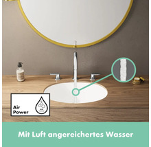 Waschtischarmatur mit Luft angereichertem Wasser, Waschbecken und Spiegel