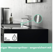 Modernes Badezimmer mit Waschtisch, Armatur und Air Power Logo für geringen Wasserverbrauch
