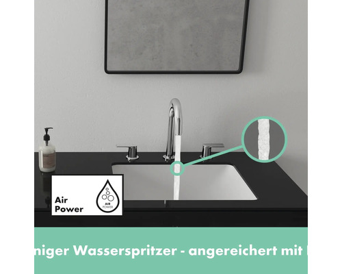 Waschtischarmatur mit Wasserstrahl und Air Power Logo