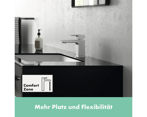 Modernes Badezimmerwaschbecken mit Armatur und Komfortzone Symbol für mehr Platz.