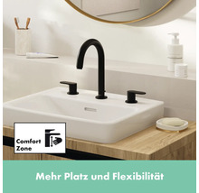 Waschbecken mit schwarzer Armatur und Comfort Zone Symbol für mehr Platz und Flexibilität