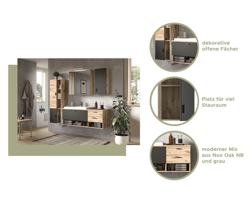 Badezimmer mit Waschtisch, Spiegelschrank und Hochschrank in Holzoptik und Grau