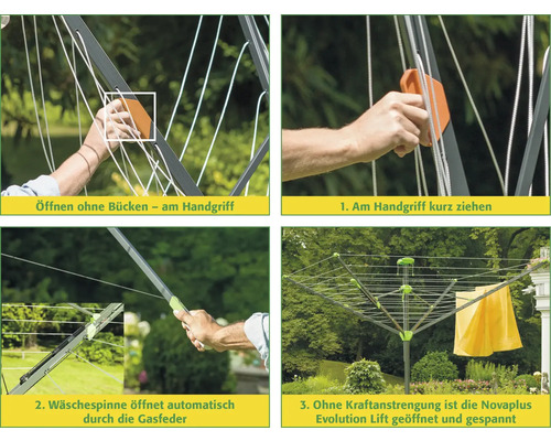 Wäschespinne Novaplus Evolution Lift mit Öffnungsmechanismus in vier Schritten