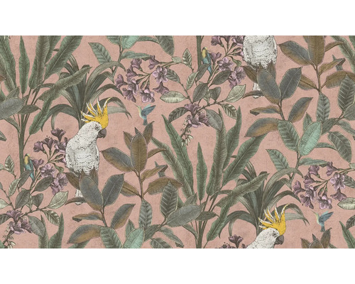 Papier peint avec plantes, cacatoès et colibris