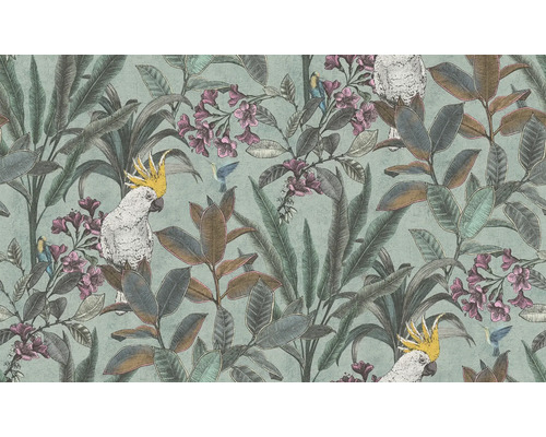 Papier peint avec motif de plantes, de fleurs et d''oiseaux